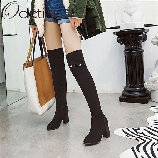 

odetina new fashion women block high heel over the knee boots slim thigh high winter boots with studded round toe big size 45, Black