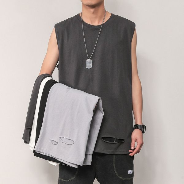 

sportswear 2020 spring summer hong kong style loose-fit pure cotton sleeveless vest men's with holes ins versatile base t-shirt, Black;blue