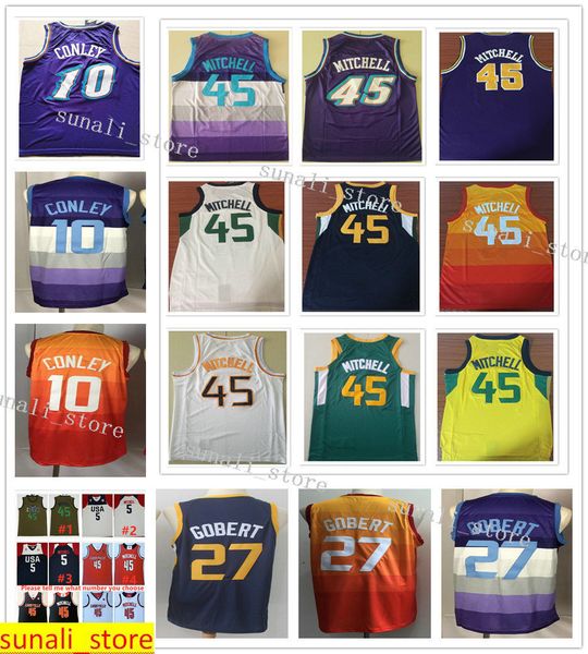 

sewed men donovan mitchell 45 rudy gobert 27 mike conley 10 jersey basketball 2020 new purple white blue orange shirts, Black;red