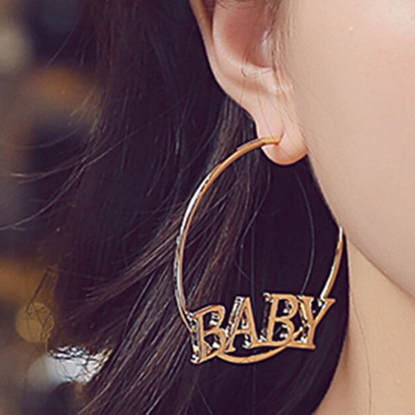 

earrings for women baby letters big circle hoop earrings gold silver exaggerate punk jewelry gift hoop bling brinco, Golden;silver