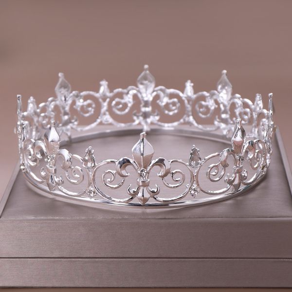 

round gold/silver wedding king tiara crown headpiece for men party hair ornaments crystal head jewelry accessories for wedding, Golden;white