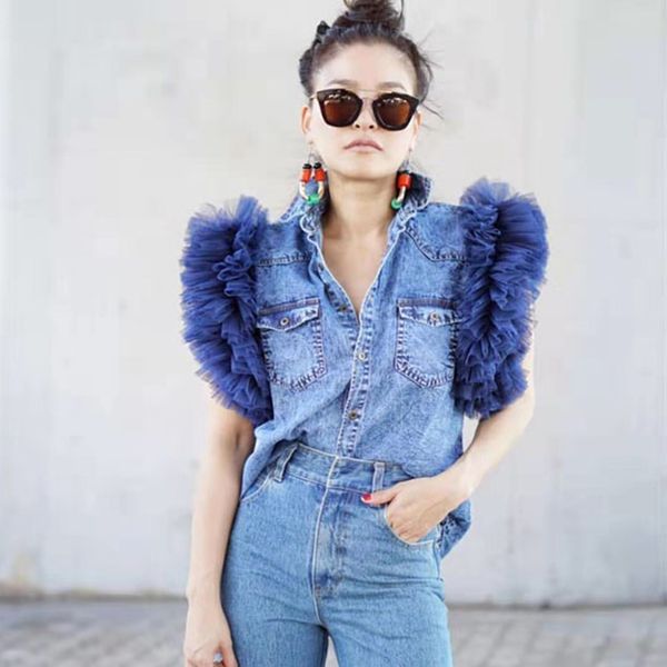 

2020 v neck summer blouses blue personality mesh yarn lotus sleeve denim shirt women's casual short-sleeved shirt party shirt, White