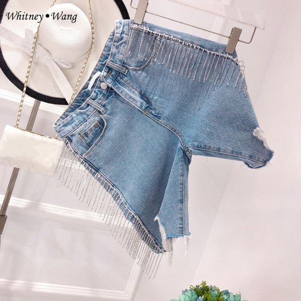

whitney wang 2019 summer fashion streetwear bling bling side diamonds tassel ripped knees length jeans women stylish denim pants, Blue