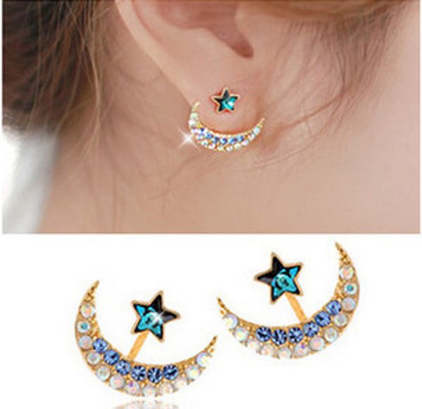 

exquisite fashion stud unique blue moon stars hanging behind colorful colored diamond crystal earrings jewelry accessories, Golden;silver
