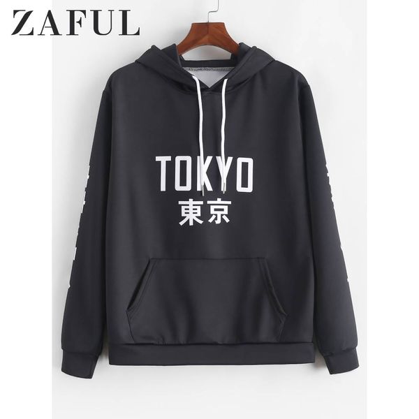 

zaful tokyo letter graphic print kangaroo pocket hoodie drawstring pullover long sleeve men's hooded sweatshirts laid-back style, Black