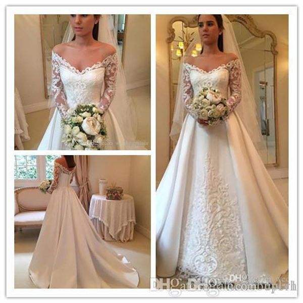 

2018 v-образным вырезом с длинным рукавом атласные свадебные платья дешевые на пуговицах назад часовня поезд кружева свадебные платья свадеб, White