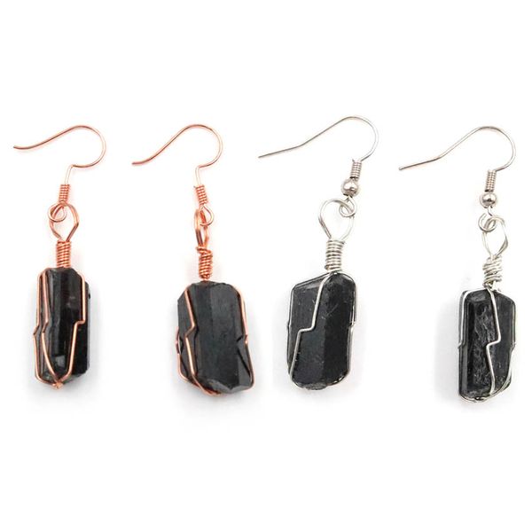 

wholesale 10 pairs silver plated wire wrap irregular shape black tourmaline stone dangle earrings for women fashion jewelry