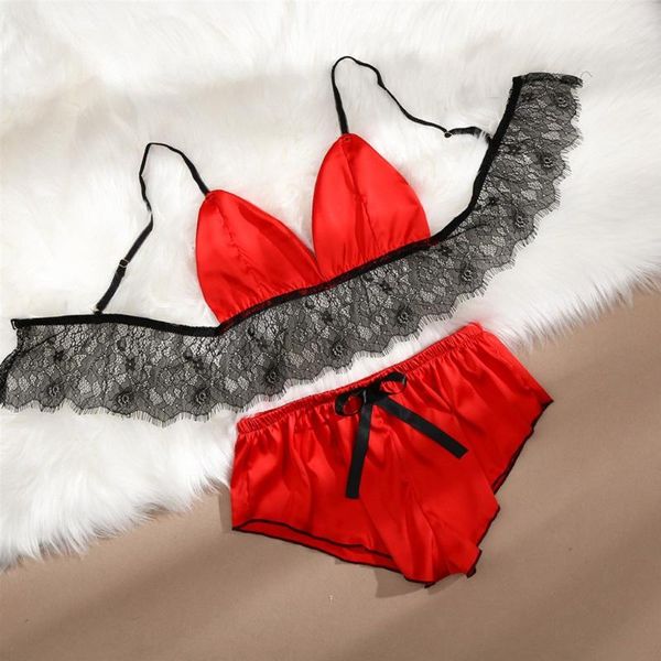 

lingerie silk satin flowers floral lace pajamas underwear women suit shorts s-xl lenceria erotica porno, Red;black