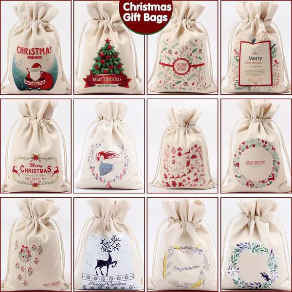 

2020 christmas gift bags printed cotton canvas drawstring bag christmas candy storage bag with reindeers santa claus sack bags for kids
