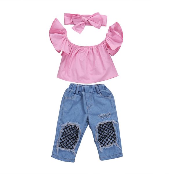 

3pcs toddler kids girls clothing set off shoulder + fake net socks denim pants jeans outfits set clothes, White