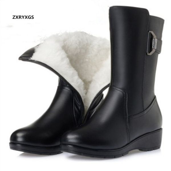 

zxryxgs brand for shoes winter warm fur one wool snow cow leather flat wedges women boots plus size 43 t200425, Black