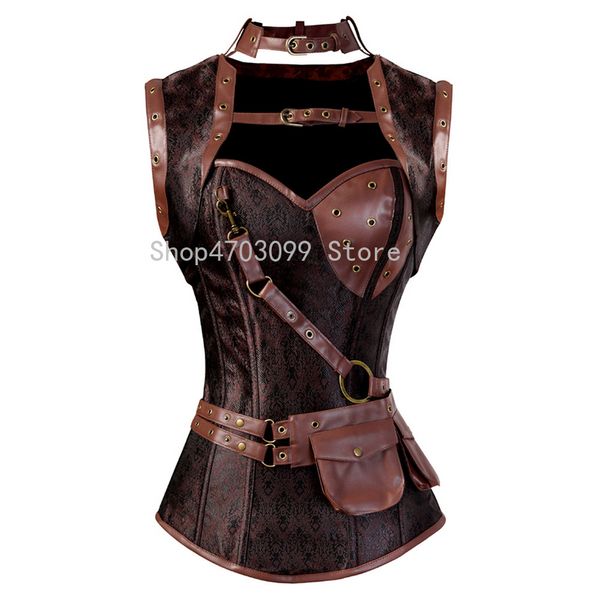 

steampunk corset spiral steel boned brown leather waist gothic bustier with jacket halter lingerie costumes, Black;white