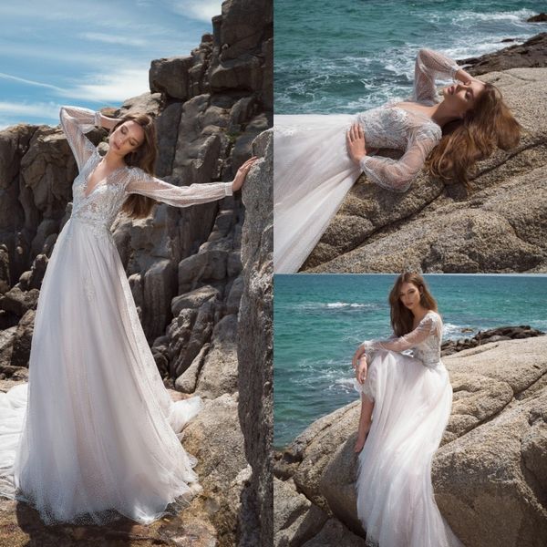 

crystal design 2019 bohemian wedding dresses lace appliques deep v neck boho tulle beach wedding dress bridal gowns, White