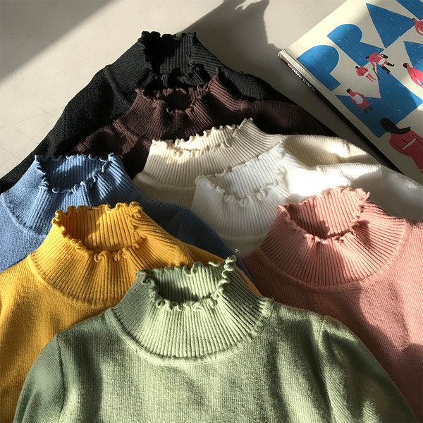 

2019 autumn and winter slim thin solid color half high collar turtle neck long sleeve curly edge cotton sweater, White;black