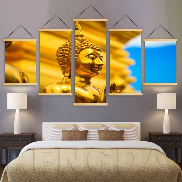 

print wall art canvas pictures 5 piece buddha statue painting poster solid wood hanging scrolls home decoration for living room