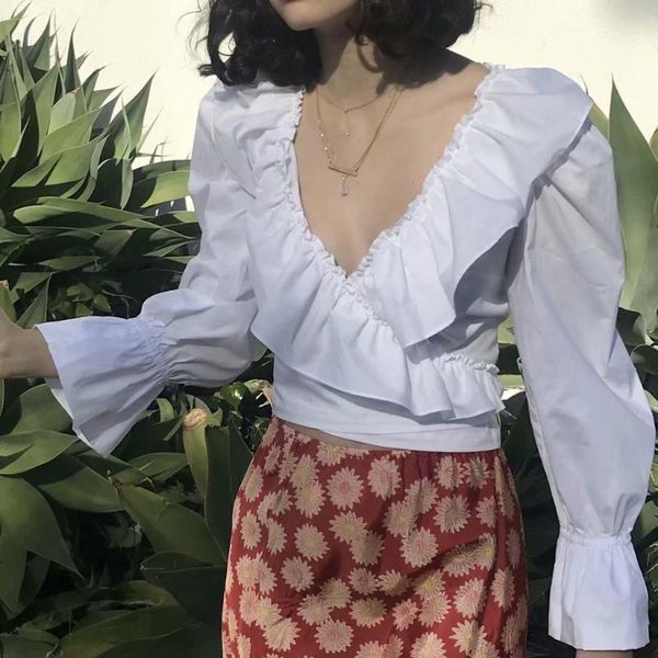 

women's elegant office blouse fashion solid v-neck ruffles long sleeve loose shirt boho clothing blusa feminina branca, White