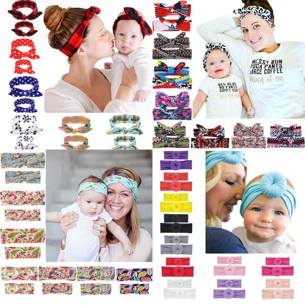 

2pcs/set mother baby girl turban matching headbands mom daughter rabbit ears print hair accessories ing, Slivery;white