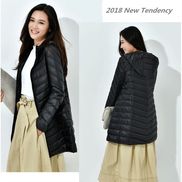 

fashion winter ultra light down jacket 90% duck down hooded jackets long warm slim coat winter jacket women parka, Black