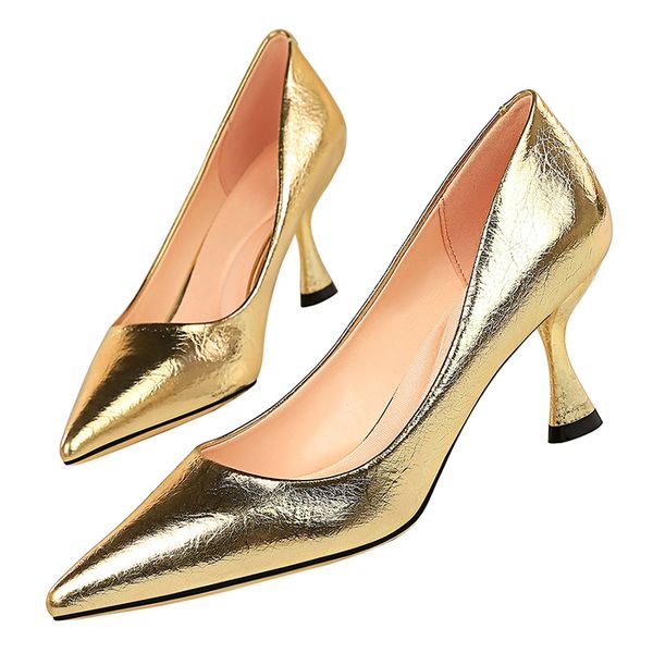 

2020 women 7cm high heels blue pumps plus size .5 pointed toe glossy luxury lady shoes low heels scarpins gold office pumps, Black