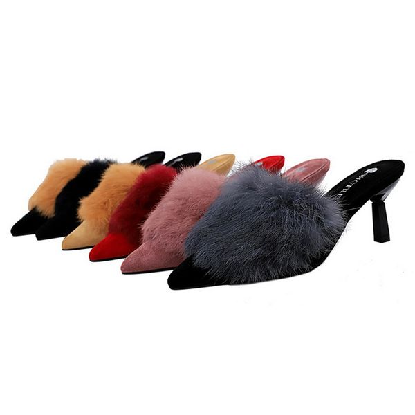 Salto Sale-gatinho Hot Suede Salto Alto Sexy Mulheres Bombas Comfort Calçados Femininos Fur chinelos Senhoras Apontado