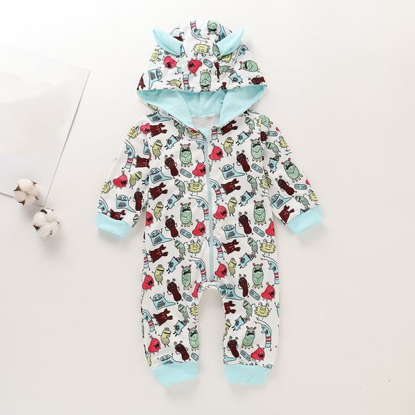 

baby boys clothes cotton long sleeved cartoon printed baby romper hooded toddler jumpsuits 3-18m1, Blue