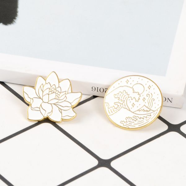 

Lotus and Wave Brooches White Gold color Flower Moon Starry Night Wave Enamel Pins Badge Plants Nature Jewelry Gift for friends