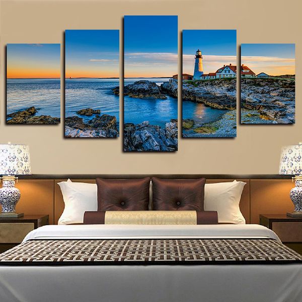 

5 panels blue sea and house lighthouse artworks giclee canvas wall art abstract poster canvas print oil painting wall decor