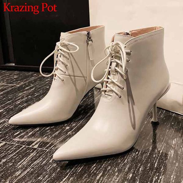 

krazing pot princess style pointed toe cow leather boots lace up stiletto high heels winter streetwear zip ankle boots l22, Black