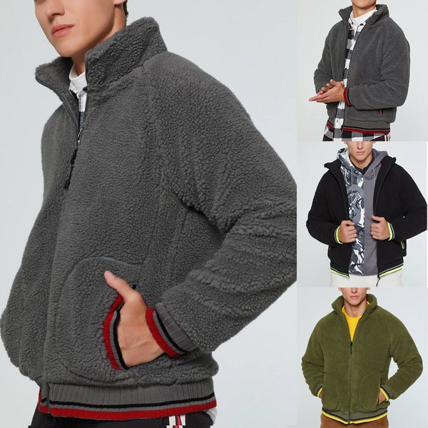 

men's autumn and winter new fashion warm round neck lamb plush color zipper cardigan jacket jaqueta masculino z4, Black;brown