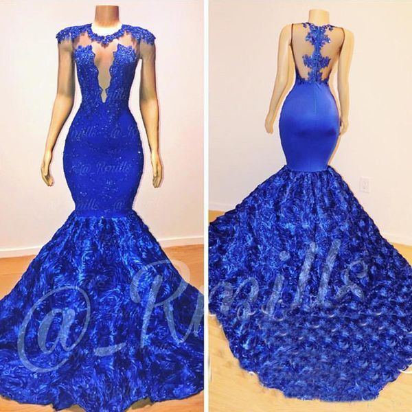 

royal blue mermaid prom dresses rose flowers long chapel train sheer neck applique beads 2k18 african pageant party dress evening gowns, Black