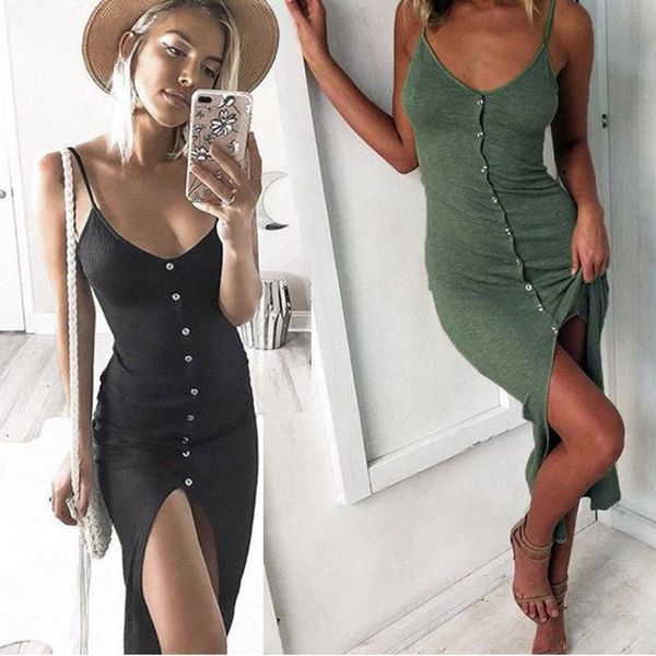 

womens solid black button v-neck sling split sleeveless strappy tank dress slim rib knit split party midi dress summer, Black;gray