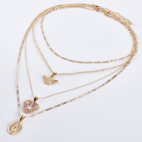 

women necklaces angel heart pink crystal virgin mary pendant clavicle chain multilayer gold necklace set engagement jewelry gift, Silver