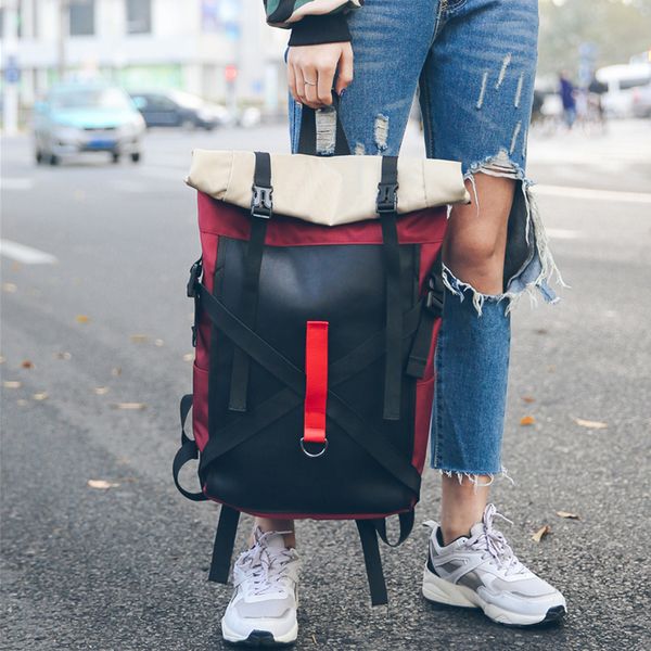

leisure backpack cloth fashion student bagpack stitching couple trend rucksack street youth multi-function bag wear