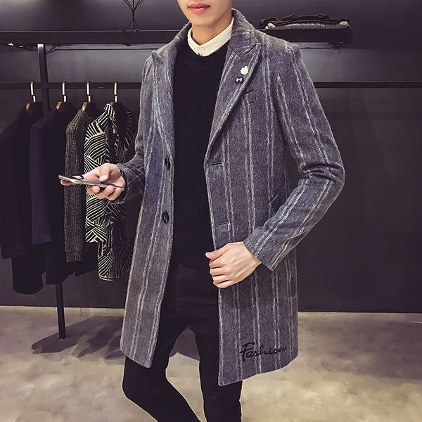 

fashion casual slim striped single breasted overcoats high-end brand long tranch jacket male mens autumn winter warm wool&blends, Black