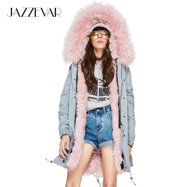 

jazzevar 2019 new winter high fashion women's lambskin lamb fur parka midi real raccoon fur hooded coat outwear baby blue jacket, Black