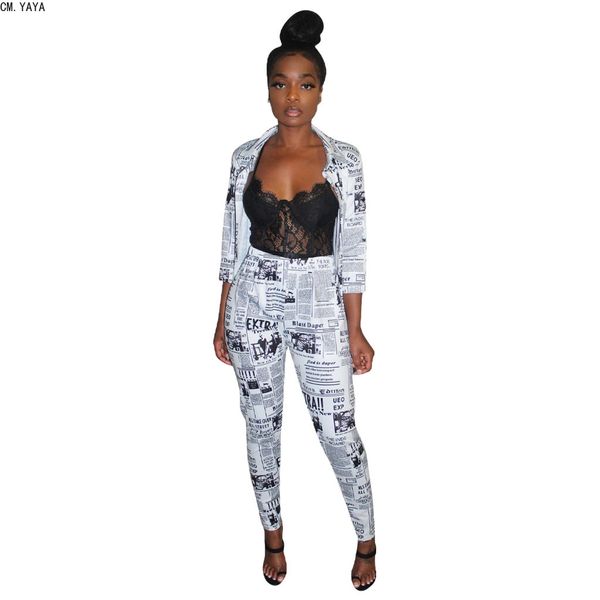 

cm.yaya 2019 women new autumn newspaper printed notched three quarter sleeve short blazer long pants casual blazer suit cm3851, White;black