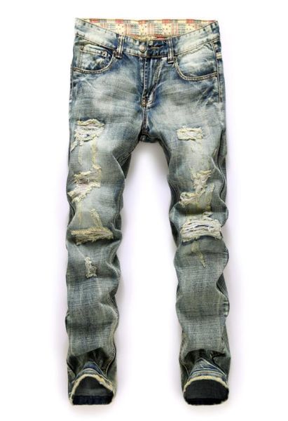 

designer mens jeans retro hole trend korean ripped jeans luxury hip hop nightclub casual pants for men, Blue