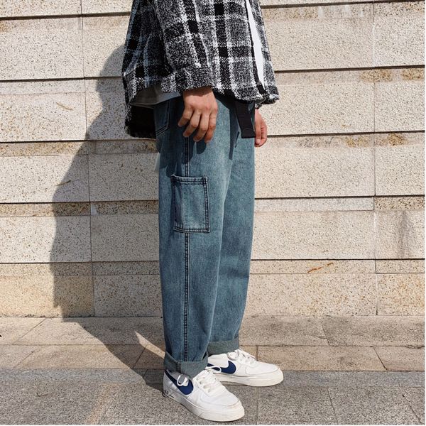 

autumn new jeans men fashion washed casual straight denim trousers man streetwear wild hip hop loose tooling jeans male clothes, Blue