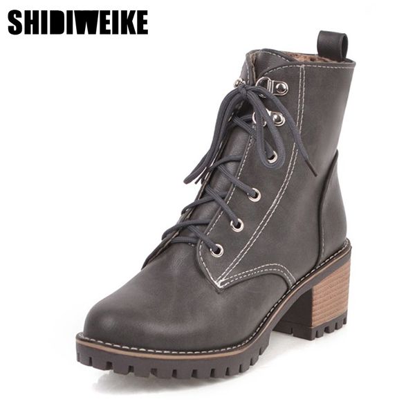 

2019 new pu leather women autumn winter woman square high heels shoes lace-up black round toe ankle boots size 34-43 j564