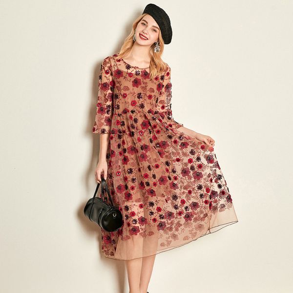 

casual dresses crossmio organza dress 2021 summer original heavy embroidery double-layer vacation long, Black;gray