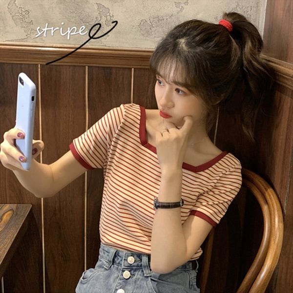 

red striped square collar slim short-sleeved female 2020 student ins fashion red striped square collar slim short-sleeved t-shirt fe, White