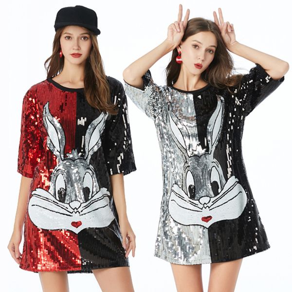

casual straight patchwork short sleeve sequined mini cartoon embroidery black red silver club party plus size women dress, Black;gray