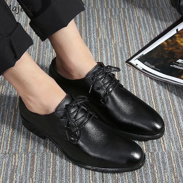

men's dress shoes pointed toe korean style office patent leather men wedding lace-up non-slip flat with soft chic, Black