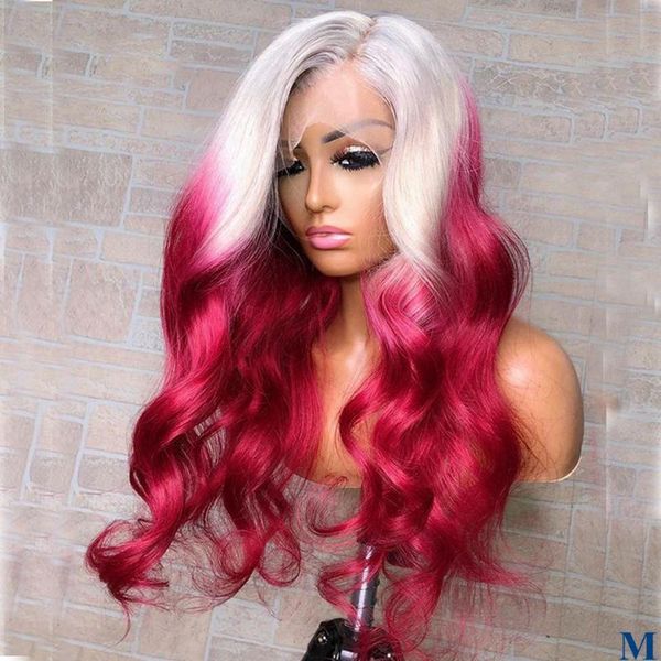 

red ombre wavy human hair lace wigs for women 180density transparent full lace brazilian remy human hair front wigs, Black;brown