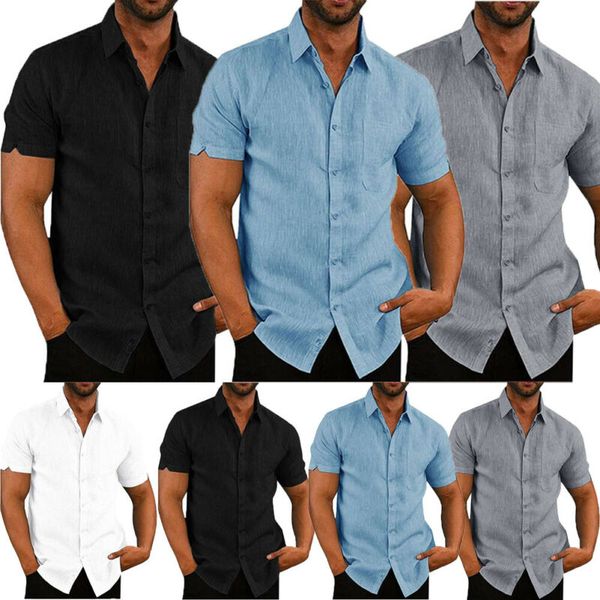 

men's casual shirts men linen fashion short sleeve baggy buttons summer solid comfortable pure cotton and loose tee, White;black