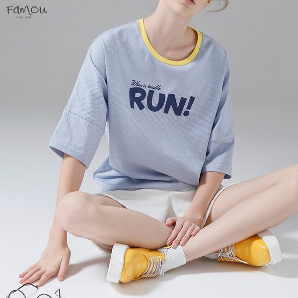 

T Shirt Vrouwen 2019 Zomer Hit Kleur Batwing Half Sleeve Gestreept T-Shirts Losse Brief Gedrukt Vrouwelijke Camisetas Mujer