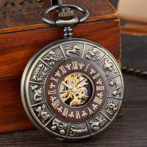 

vintage number dial mechanical pocket watch wood circle carved men unique hollow steampunk bronze mechanical clock watches chain, Slivery;golden
