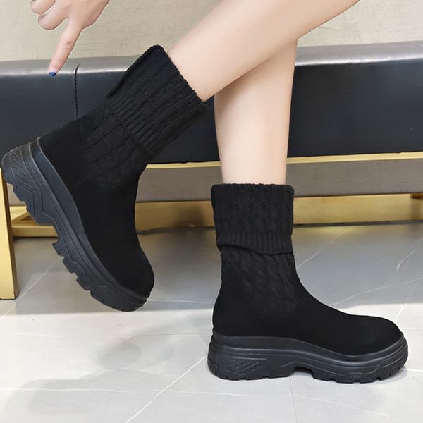 

2019 new fall boots women fashion sock boots ladies slip on high platform ladies black rubber ankle women