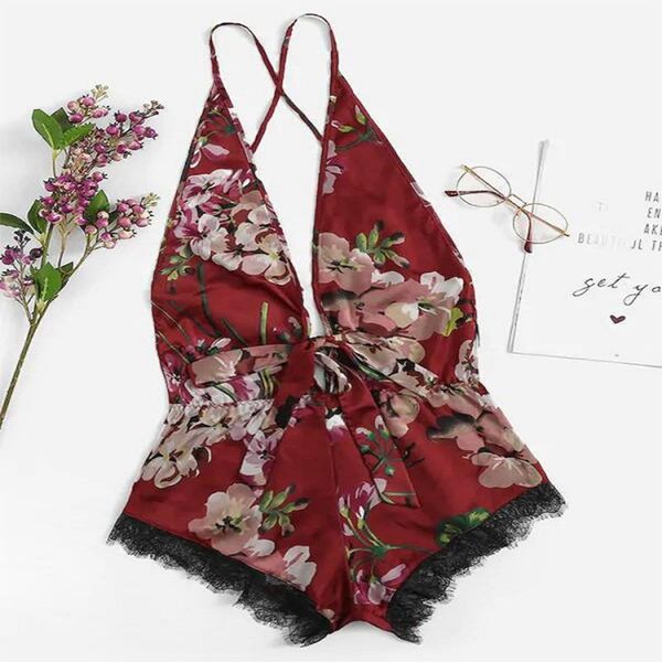 

women pajamas set eyelash lace trim vintage floral padded camisole wide leg shorts babydoll sleepwear, Red;black