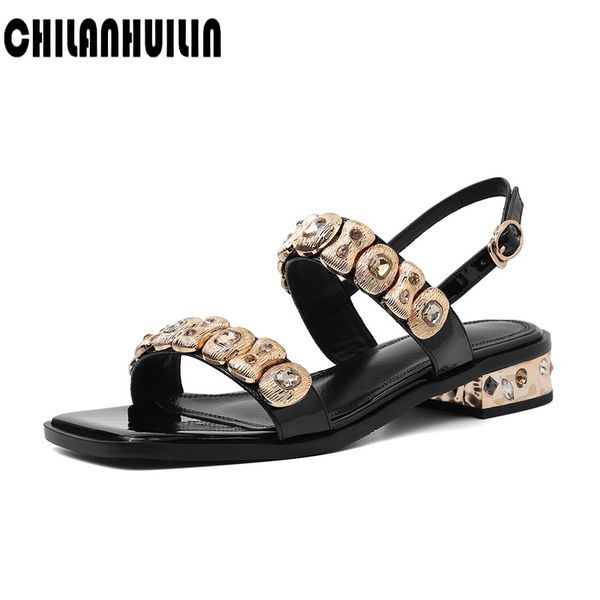 

new shoes women crystal patent leather ladies buckle sandals rubber beach sandals women party dress shoes low heels, Black